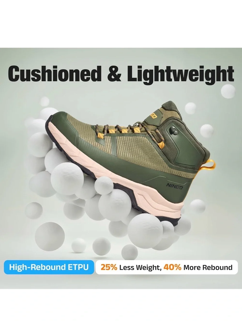 NINGO Men's Dark Green High-Top Waterproof Lightweight Hiking Trail Boots 11 NEW
